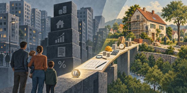 Familie mit Aussicht auf kaum finanzierbare Wohnung in der Stadt und Ausblick auf ein renoviertes Haus in ländlicher Umgebung Darstellung: 1-Euro-Haus.de / KI-generiert.